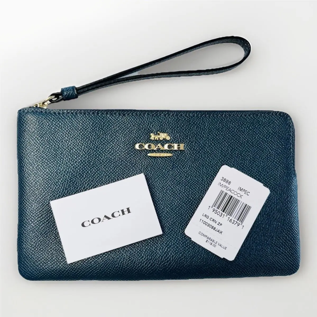 Coach Signature Corner Zip Wristlet Peacock Blue 7.75” X 3.75”