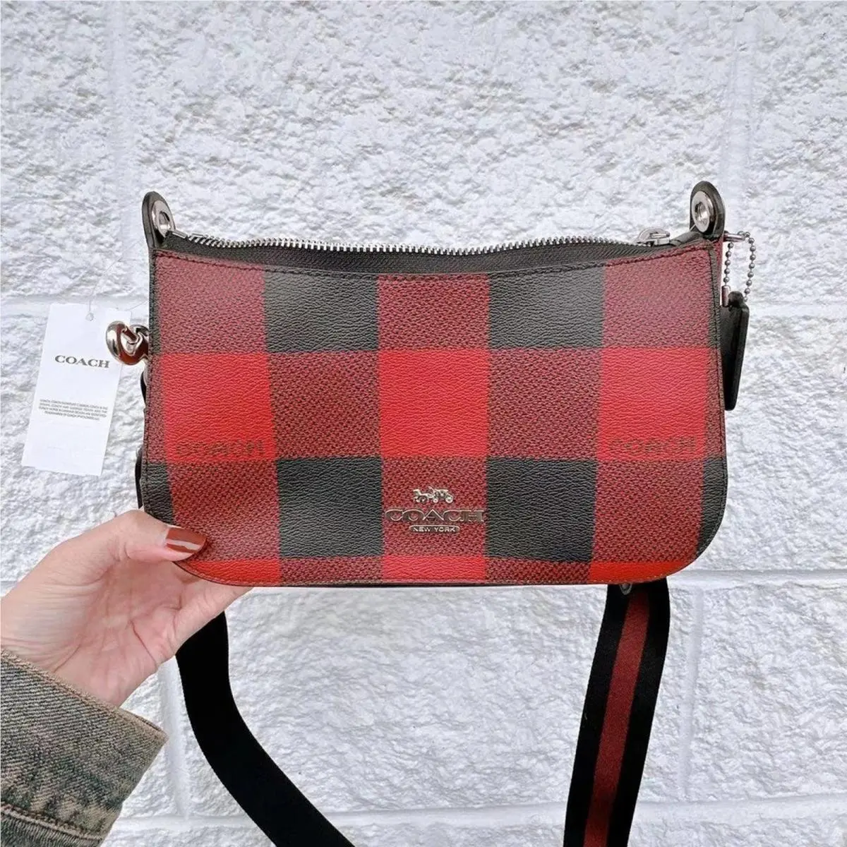 Coach C6818 Jes Baguette with Buffalo Plaid Print Black 1941 Red Multi