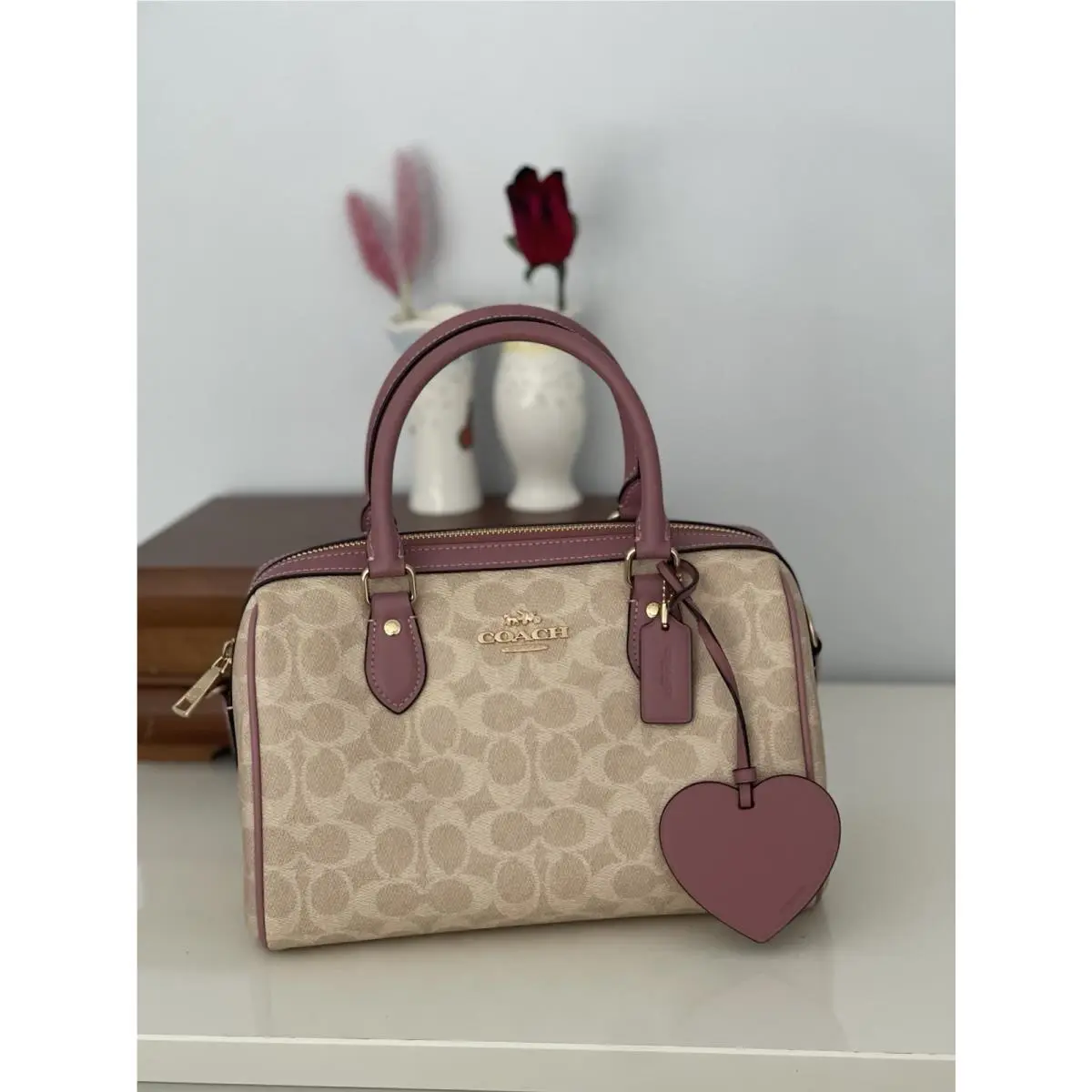 Coach Rowan Satchel Bag In Signature Canvas with Heart Charm