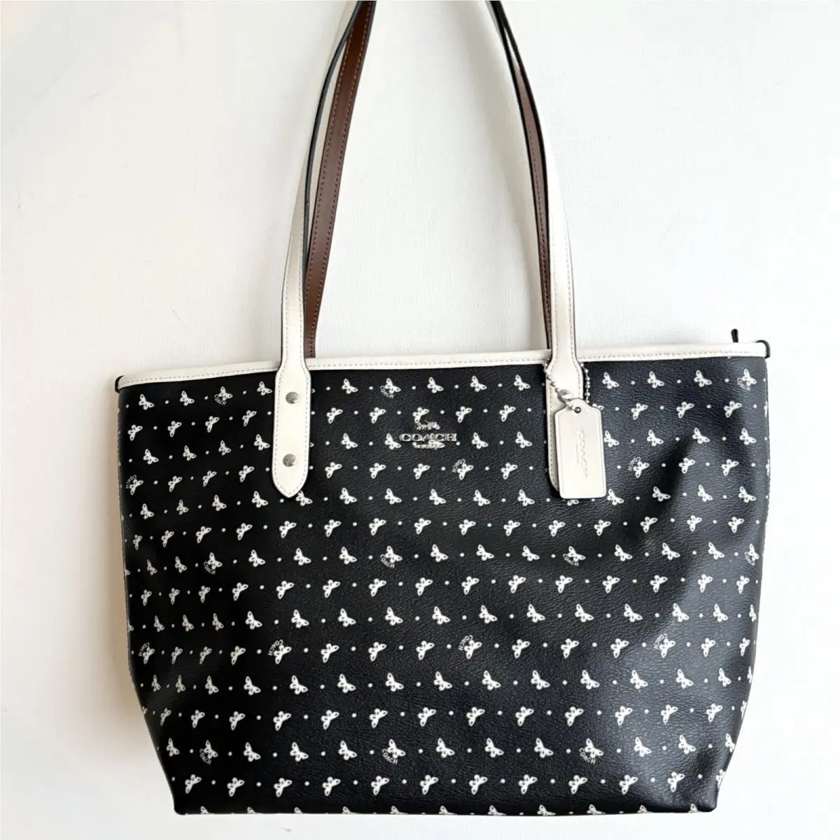 Coach City Zip Top Tote Bag Butterfly Dot Printed Coated Canvas 29803 Black