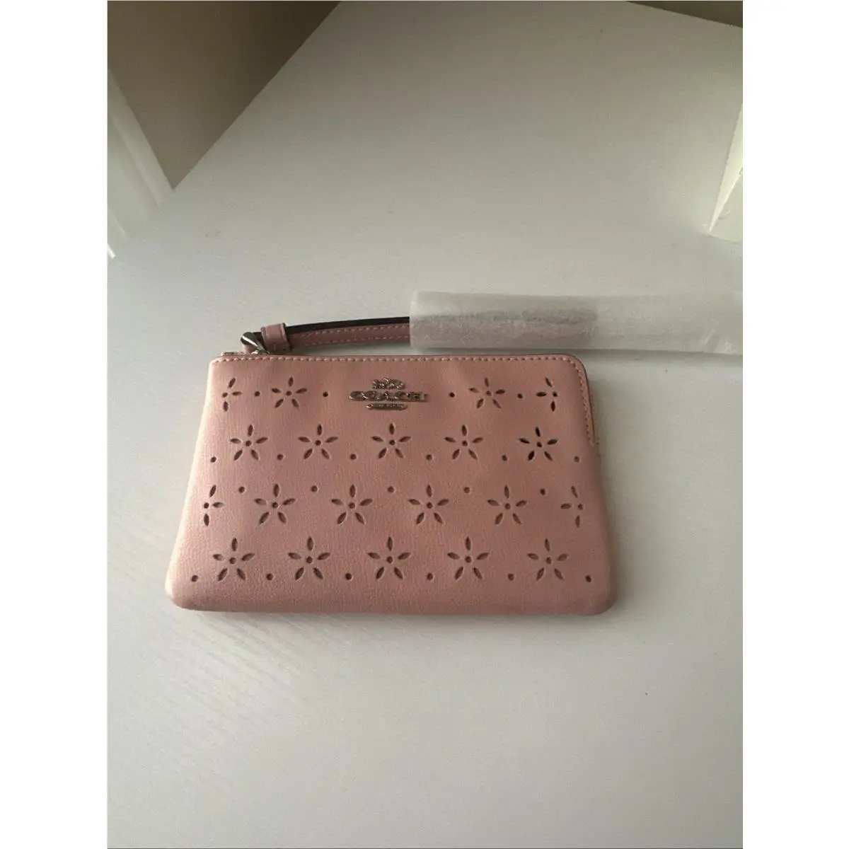 Coach Corner Zip Leather Wristlet Perforated Flower In Petal Strawberry F67608