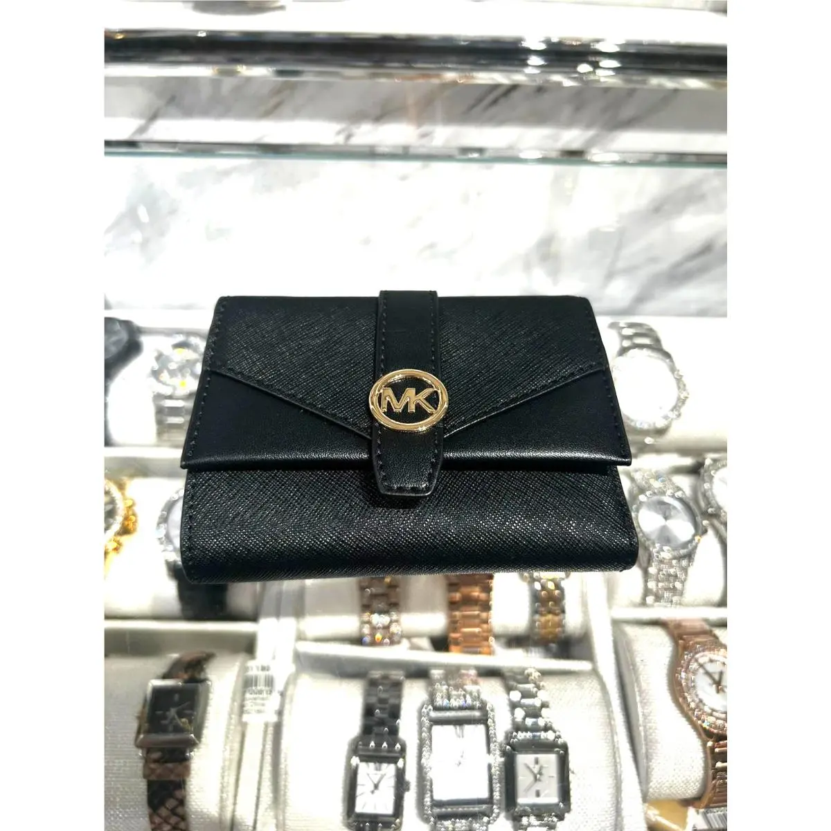 Greenwich Women Medium Ombré MK Logo Tri-fold Wallet Variation BLACK GOLD-TONE by Michael Kors