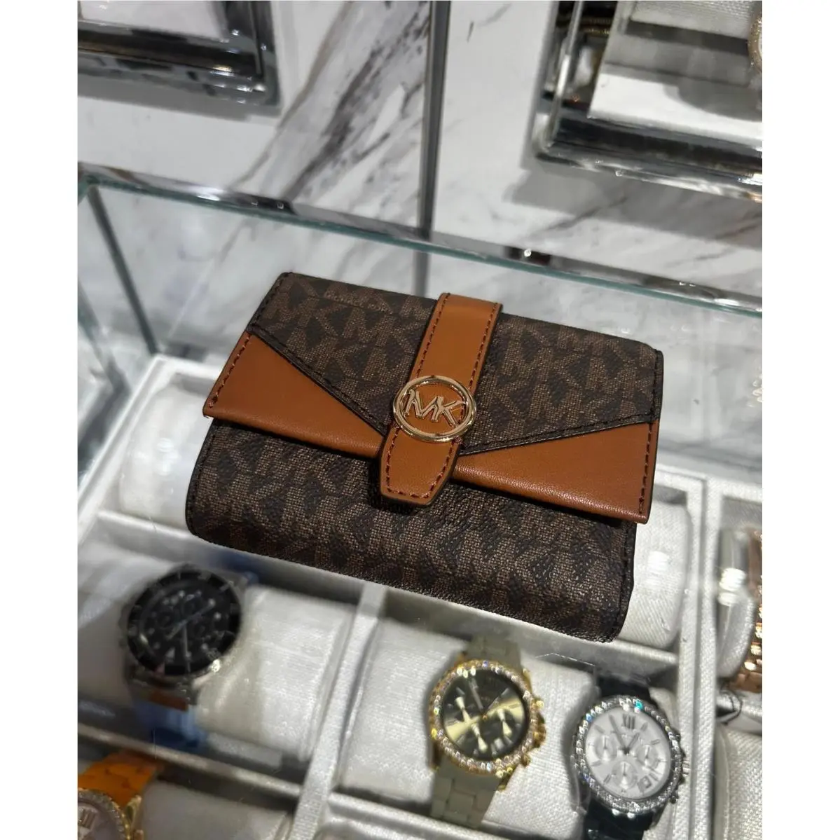 Greenwich Women Medium Ombré MK Logo Tri-fold Wallet Variation BROWN by Michael Kors