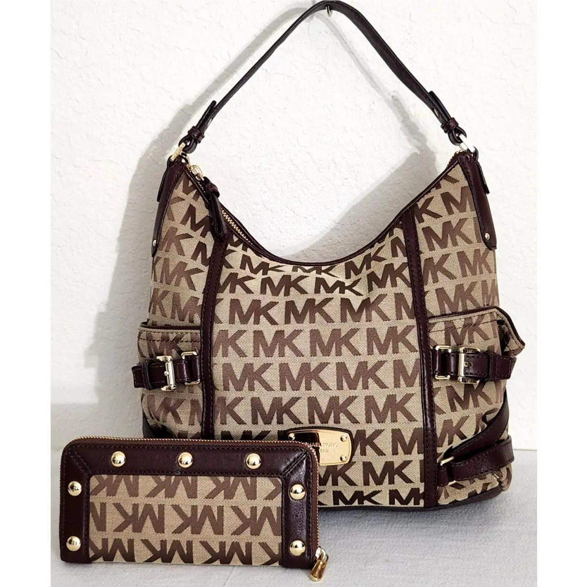 Gansevoort LG Monogram Mocha Brown Shoulder Bag /or Wallet Bag and Wallet set by Michael Kors