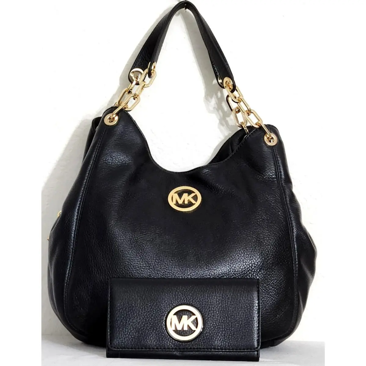 Fulton Black Leather Gold Large Shoulder Bag /or Wallet Bag and Wallet Set by Michael Kors