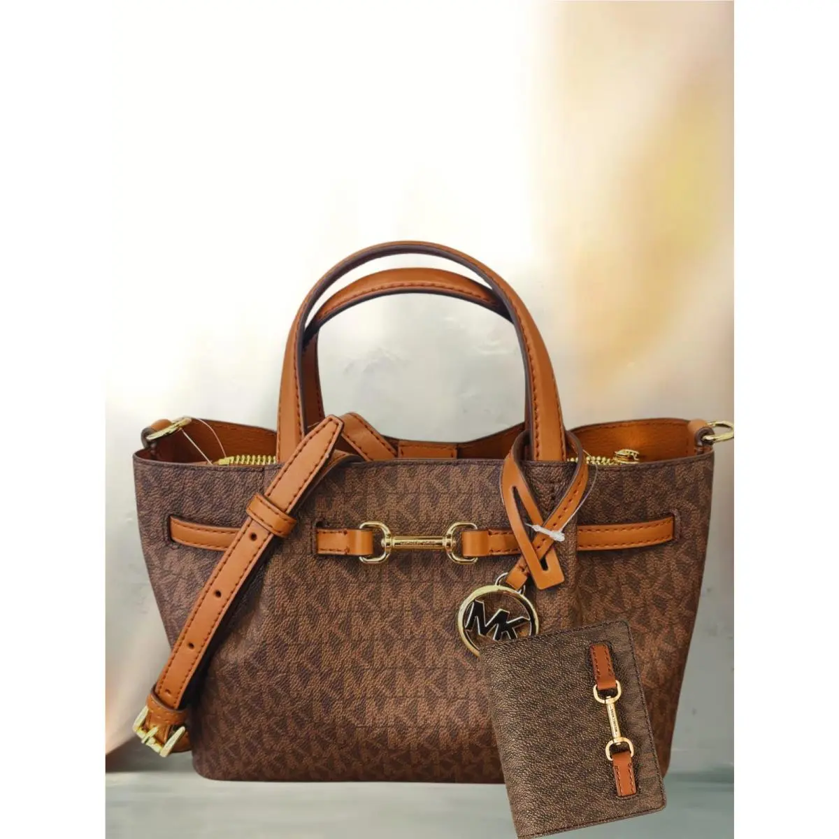 Michael Kors Carson Women Small MK Logo Satchel Bag + Flap Wallet Set Brown