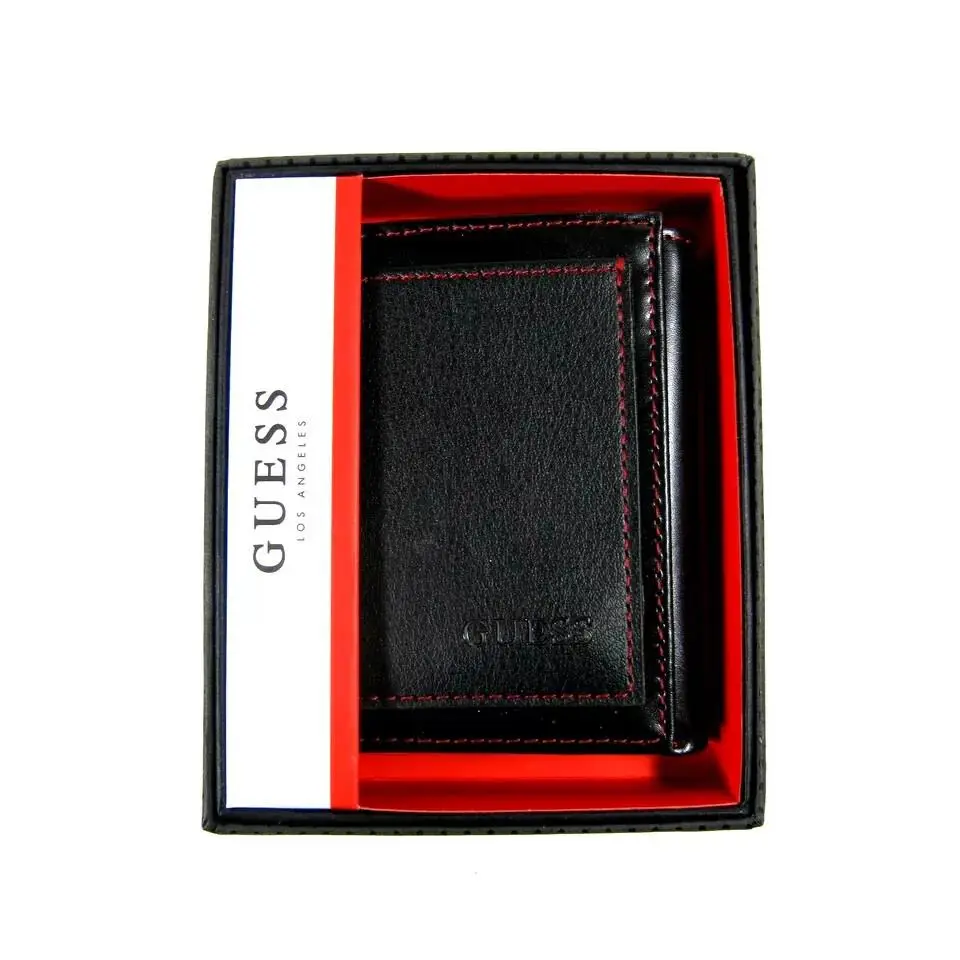Guess Men`s Black Leather Trifold Wallet