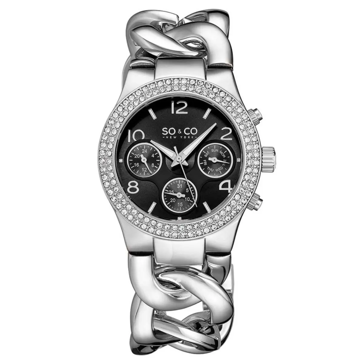Stuhrling So Co 5013A 5 Quartz Crystal Accented Chain Bracelet Day Date Womens Watch by Stührling