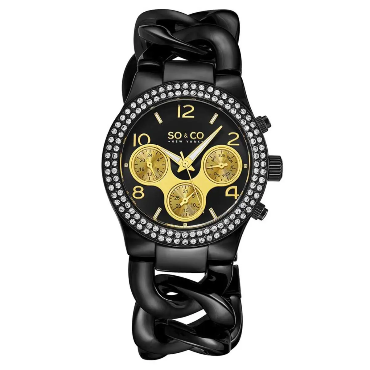 Stuhrling So Co 5013A 7 Quartz Crystal Chain Bracelet Day Date Black Womens Watch by Stührling