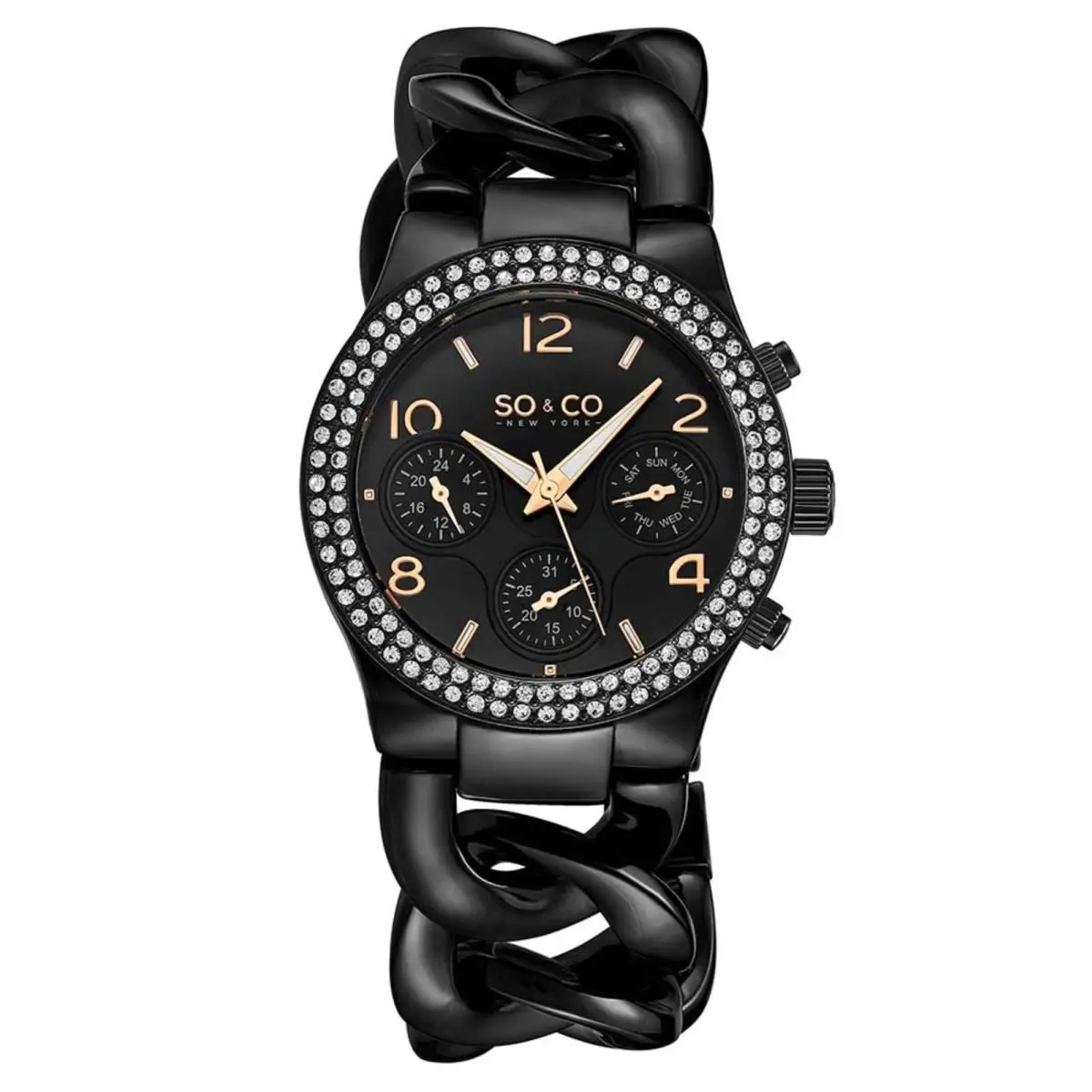 Stuhrling So Co 5013A 8 Quartz Crystal Chain Bracelet Day Date Black Womens Watch by Stührling