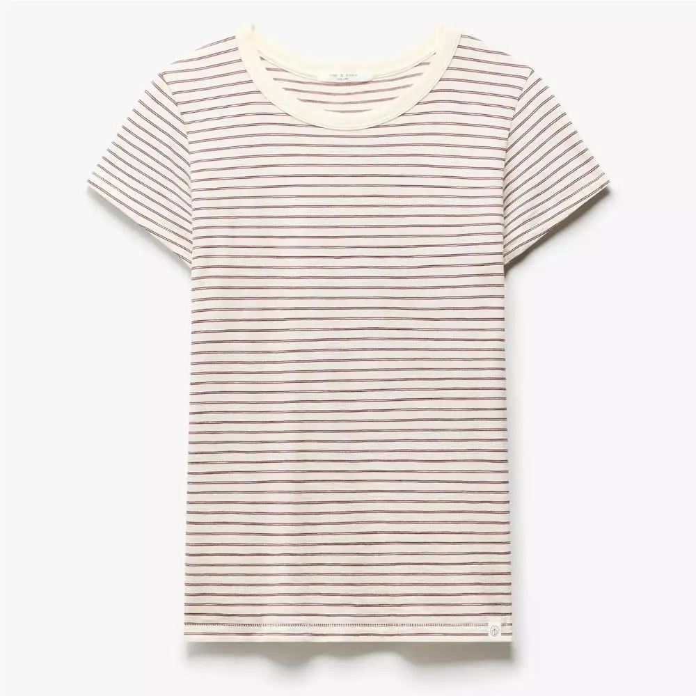 Rag Bone Womens Burgundy Multi Short Sleeve Crew Neck The Slub Stripe Tee