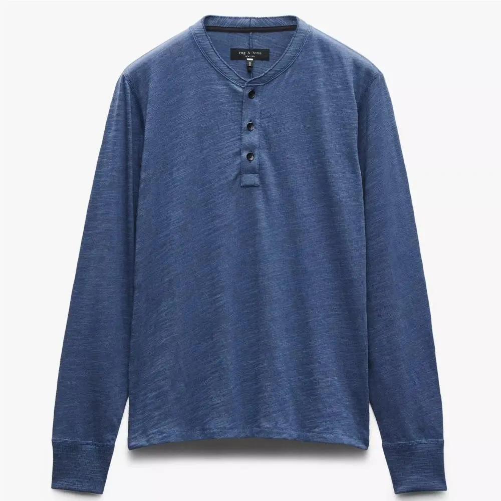 Rag Bone Mens Worn Indigo Classic Flame Long Sleeve Crew Neck Henley Tee Shirt