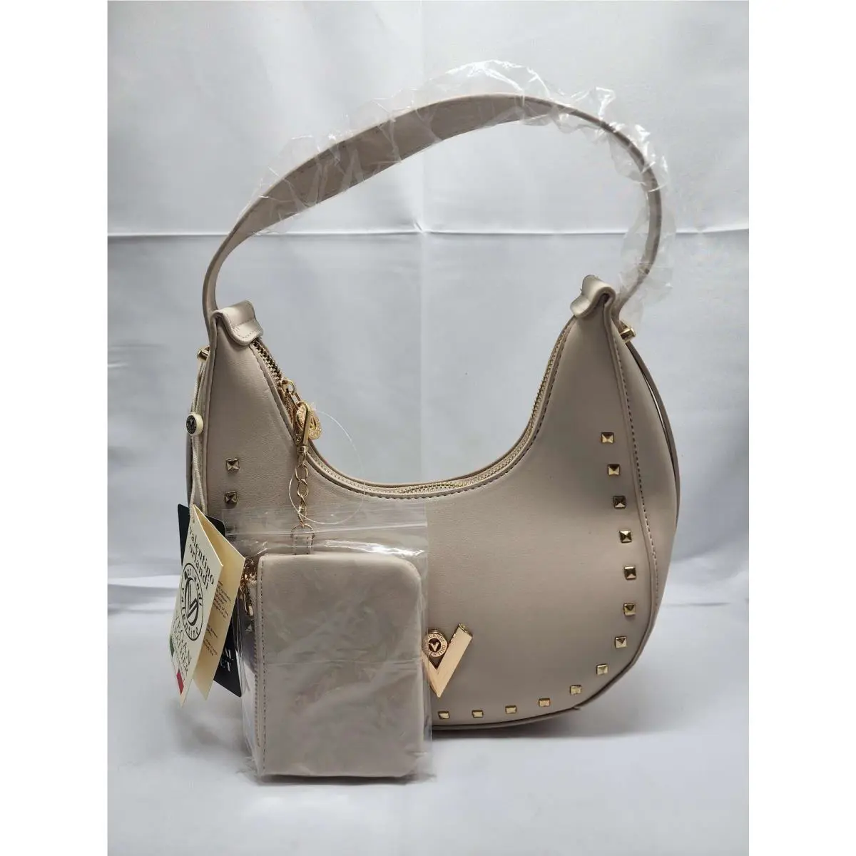 Valentino Orlandi Shoulder Bag Vegan Leather Studded Cream Chain Pouch