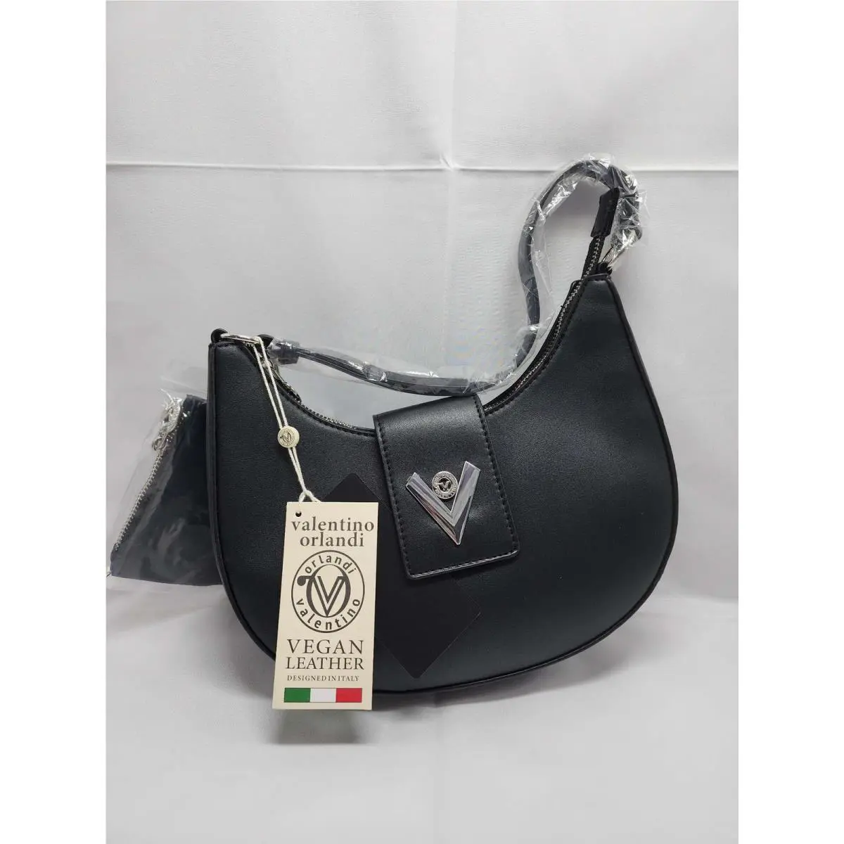 Valentino Orlandi Black Vegan Leather Shoulder Bag Coin Purse Set