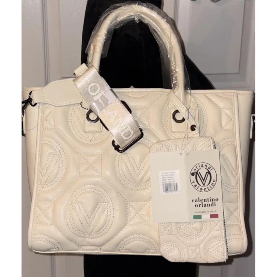 Valentino Orlandi V-4002G Quilted Leather Tote Crossbody Wallet White