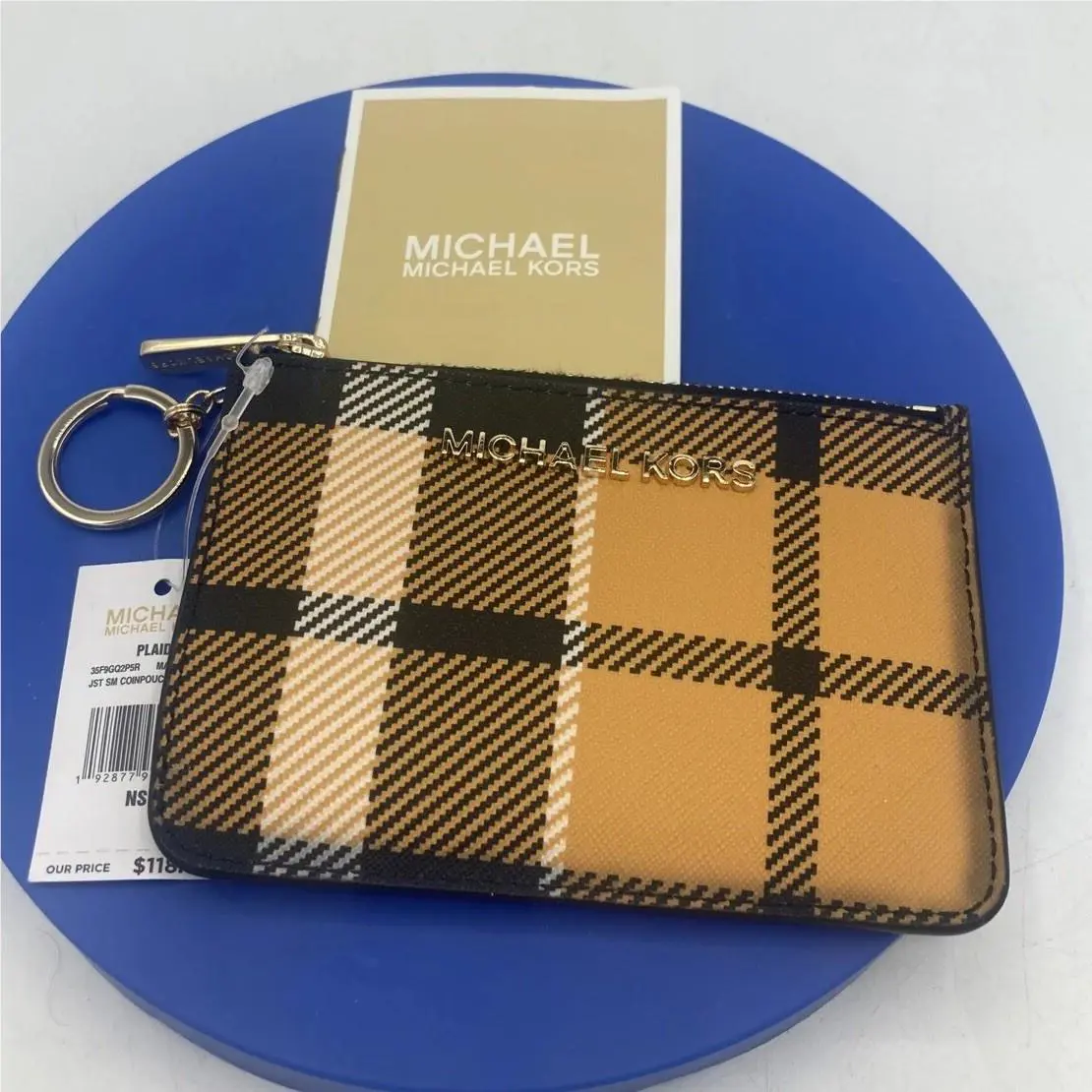 Michael Kors Marigold Yellow Black Plaid Coin Pouch ID Wallet Key Ring