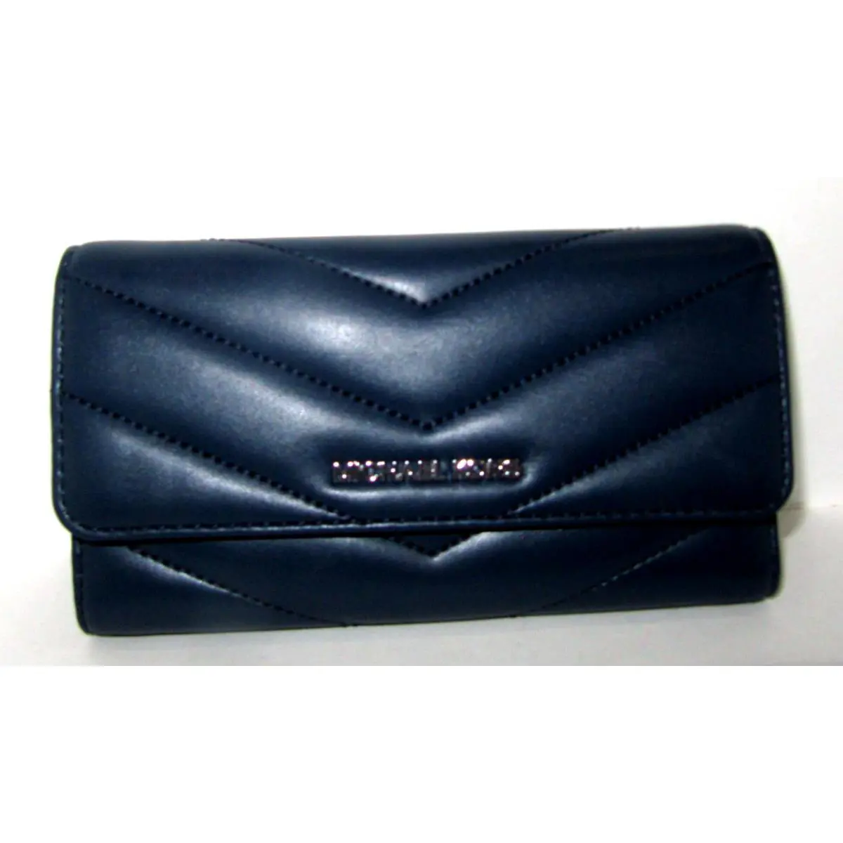 Michael Kors Jet Set Travel Large Trifold Wallet Navy Blue Quilted