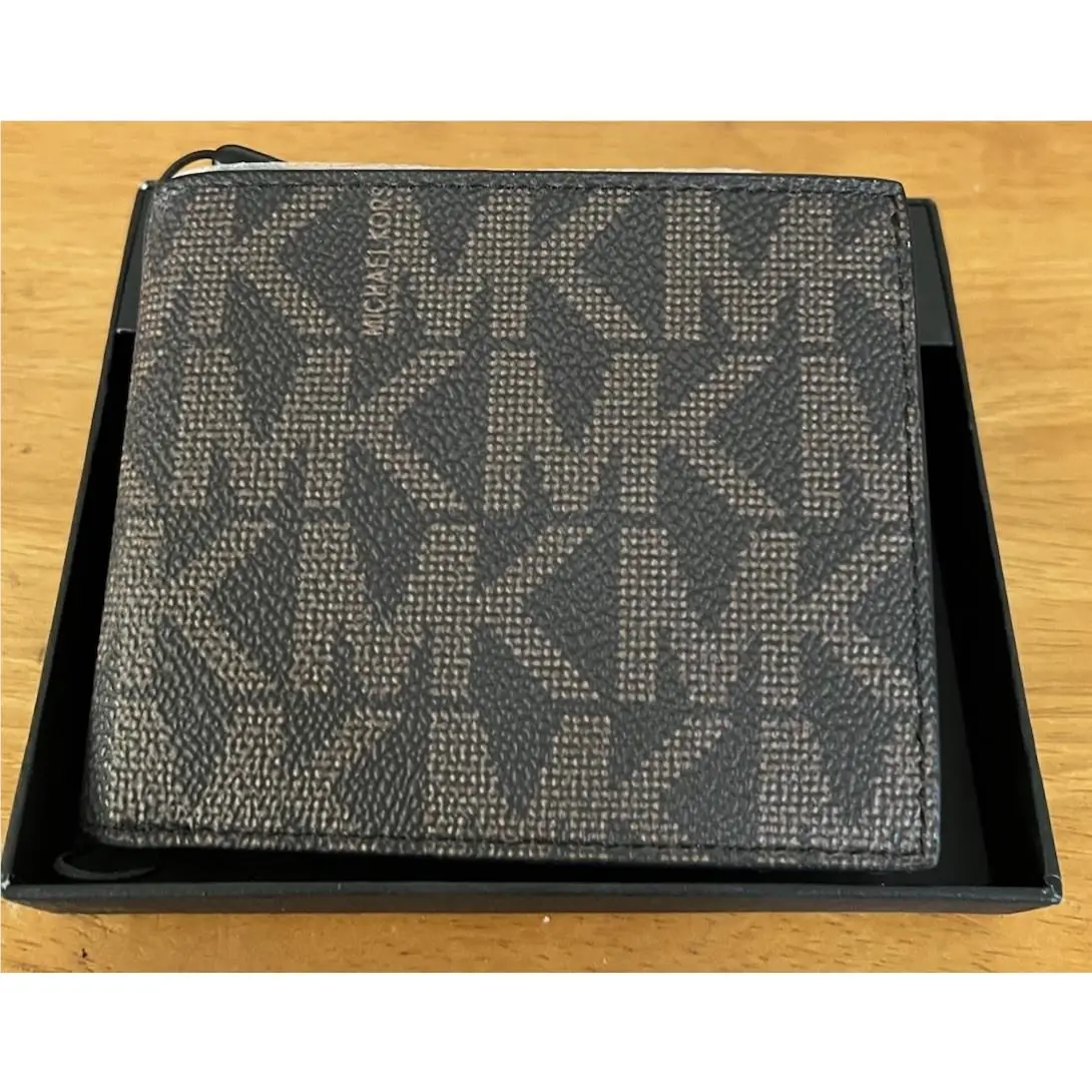 Michael Cors Men Brown/black Monogram Jet Set Slim Billfold Wallet