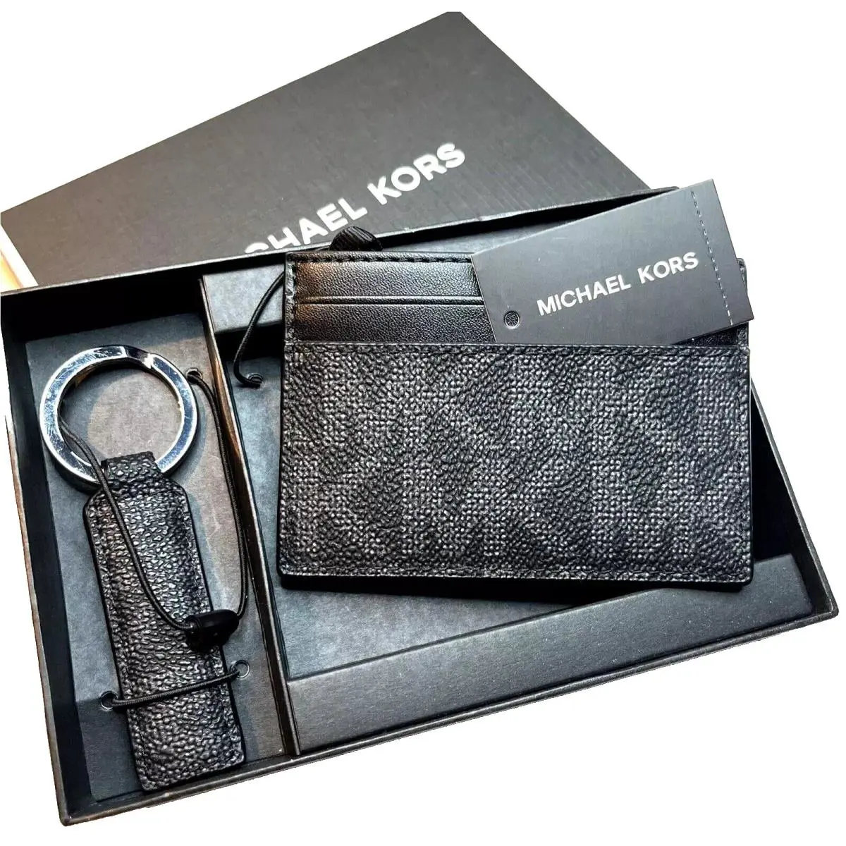 Michael Kors Black Pebble Leather MK Logo Card Case Key Ring Set