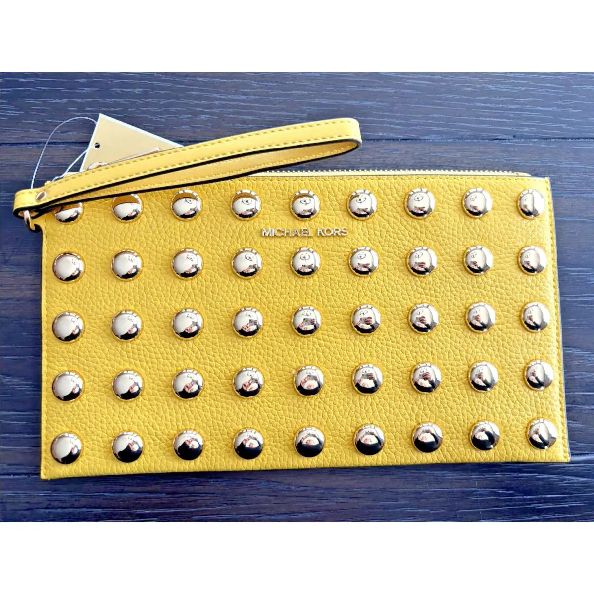 Michael Kors Travel Large Pebbled Leather Gold Studded Wristlet Daisy Yellow