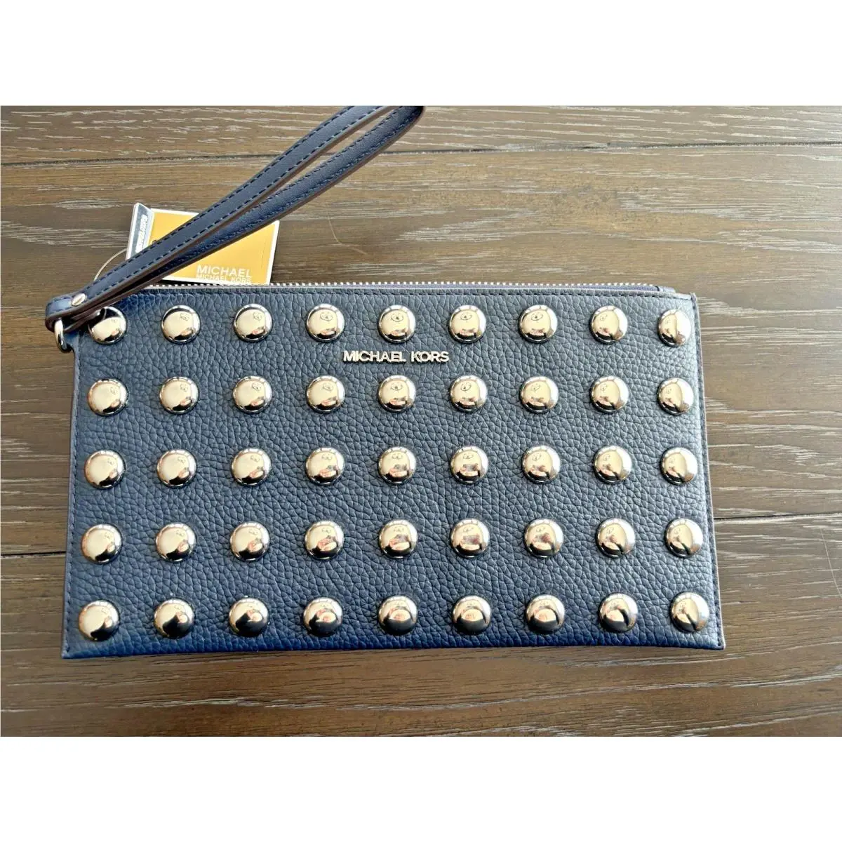 Michael Kors Travel Large Pebbled Leather Silver Studded Wristlet Navy Blue
