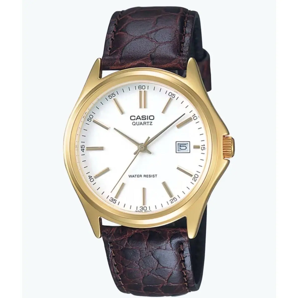Casio MTP-1183Q-7A Men`s Gold Tone Brown Leather Band White Dial Watch