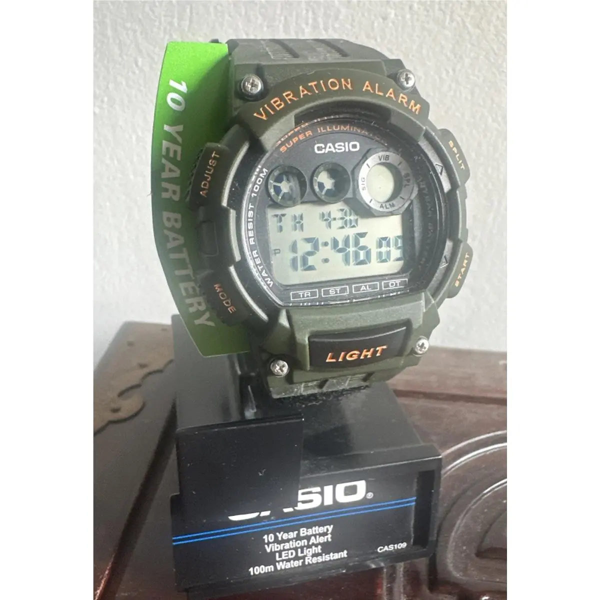 Casio W-735H Vibration Alarm 100M Digital Watch 10-Year Battery Green