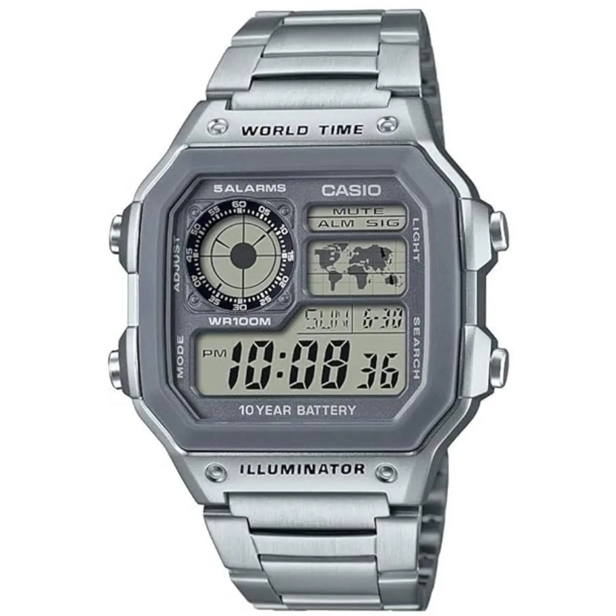 Men`s Watch World Time Grey Digital Dial Silver Bracelet AE-1200WHD-7A by Casio