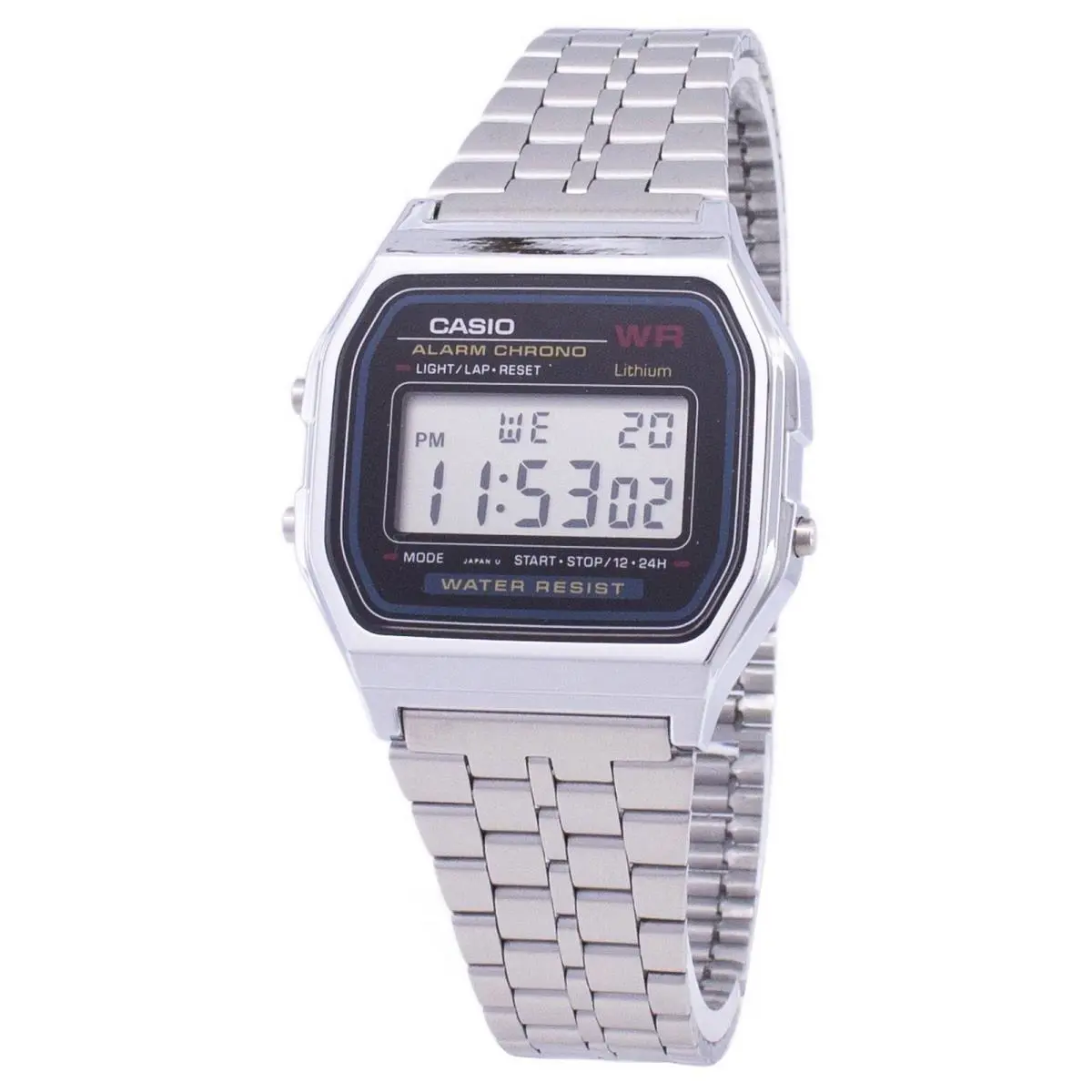 Casio Digital Alarm Chrono Micro-light Stainless Steel A159WA-N1DF Men`s Watch - Dial: Grey, Band: Silver, Bezel: No Bezel