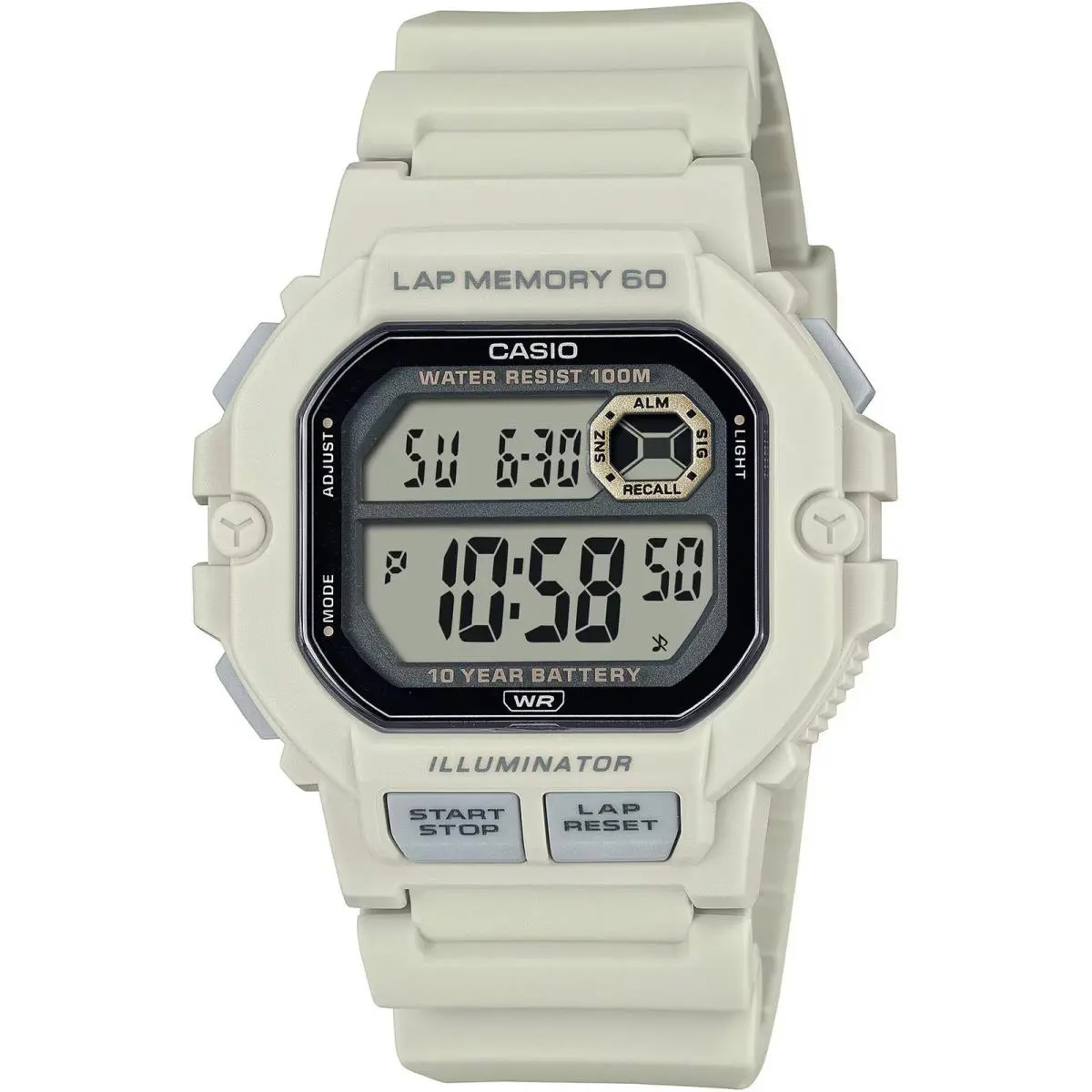 Casio Men`s Watch Alarm Grey Digital Dial Off White Resin Strap WS-1400H-8AVCF