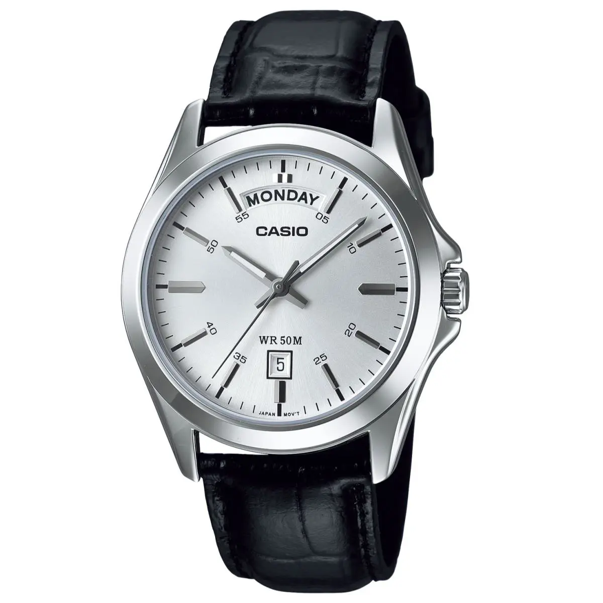Casio MTP-1370L-7AV Mens Analog Watch Day Date Wide Display Leather Strap 50M WR