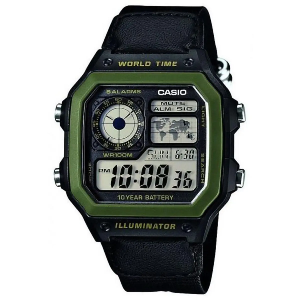 Casio AE-1200WHB-1B Men`s Digital Square Black and Green Watch AE1200WHB-1BV