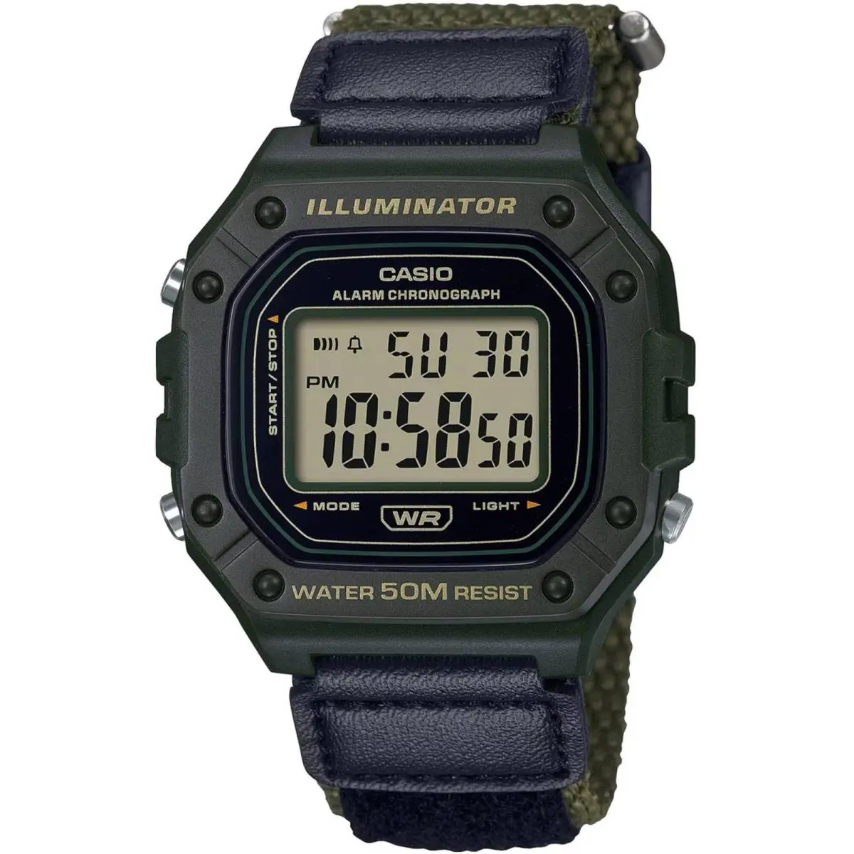 Casio Men`s Watch Chronograph Grey Digital Dial Green Fabric Strap W-218HB-3AV - Dial: Grey, Band: Green