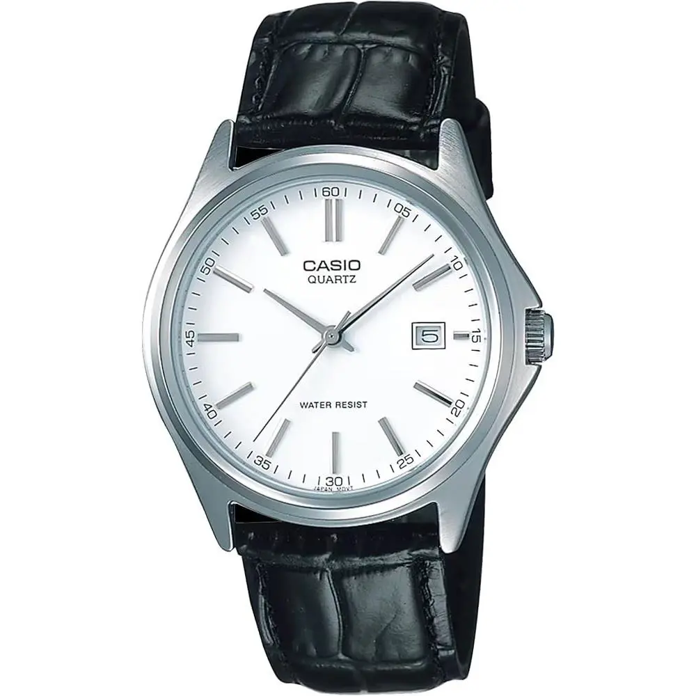 Casio MTP1183E-7A Men`s Quartz Watch Analog Black Leather Strap White Dial