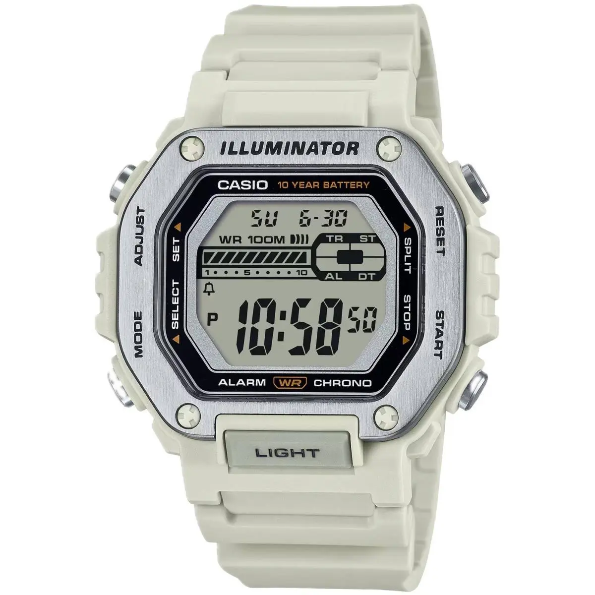 Casio Men`s Watch Chrono Grey Digital Dial Light Grey Resin Strap MWD-110H-8AV