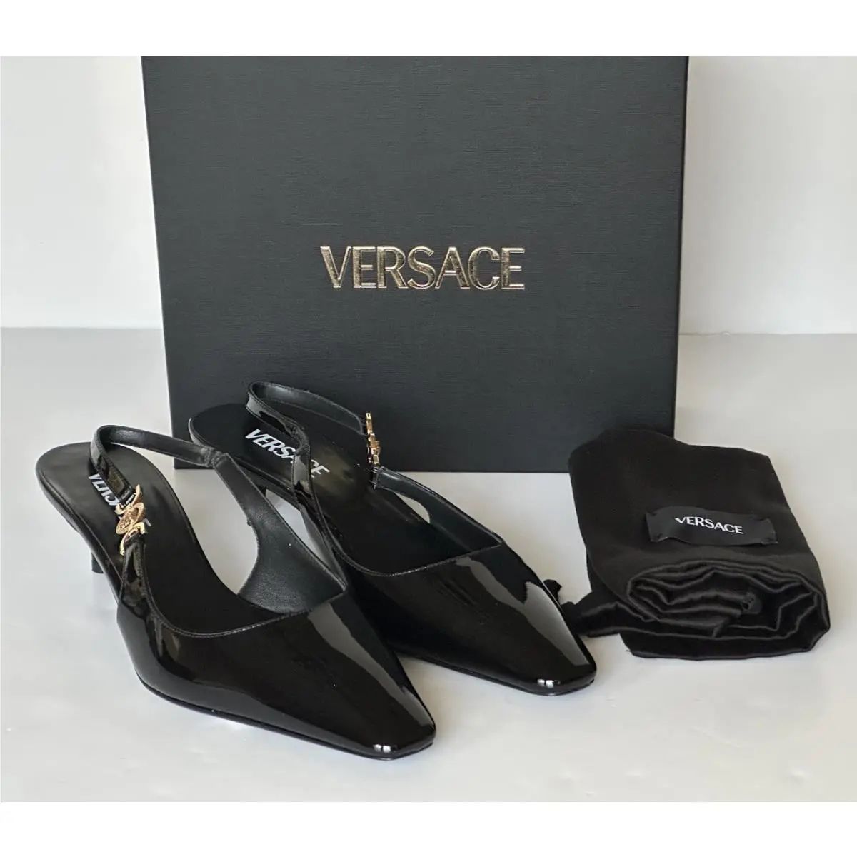 Versace Sling Back Patent Leather Shoe Black 9.5 US 39.5 1012579 IT