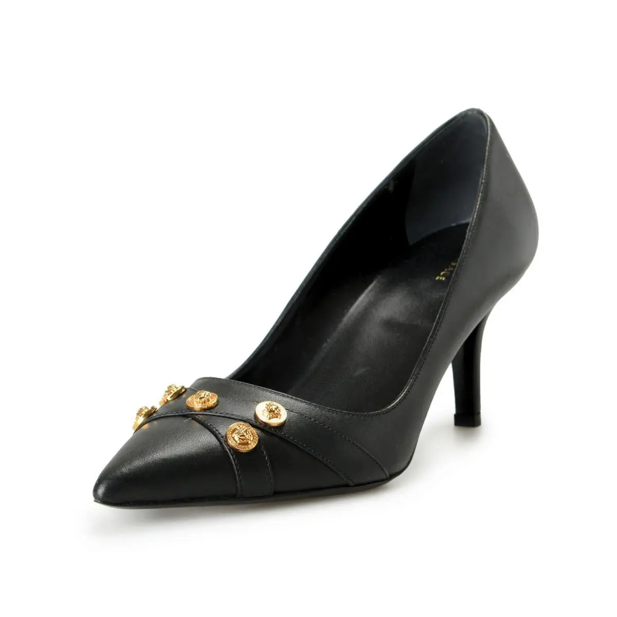 Versace Women`s Black Gold Medusa Logo Leather Heeled Pumps Shoes US 6 IT 36 - Black