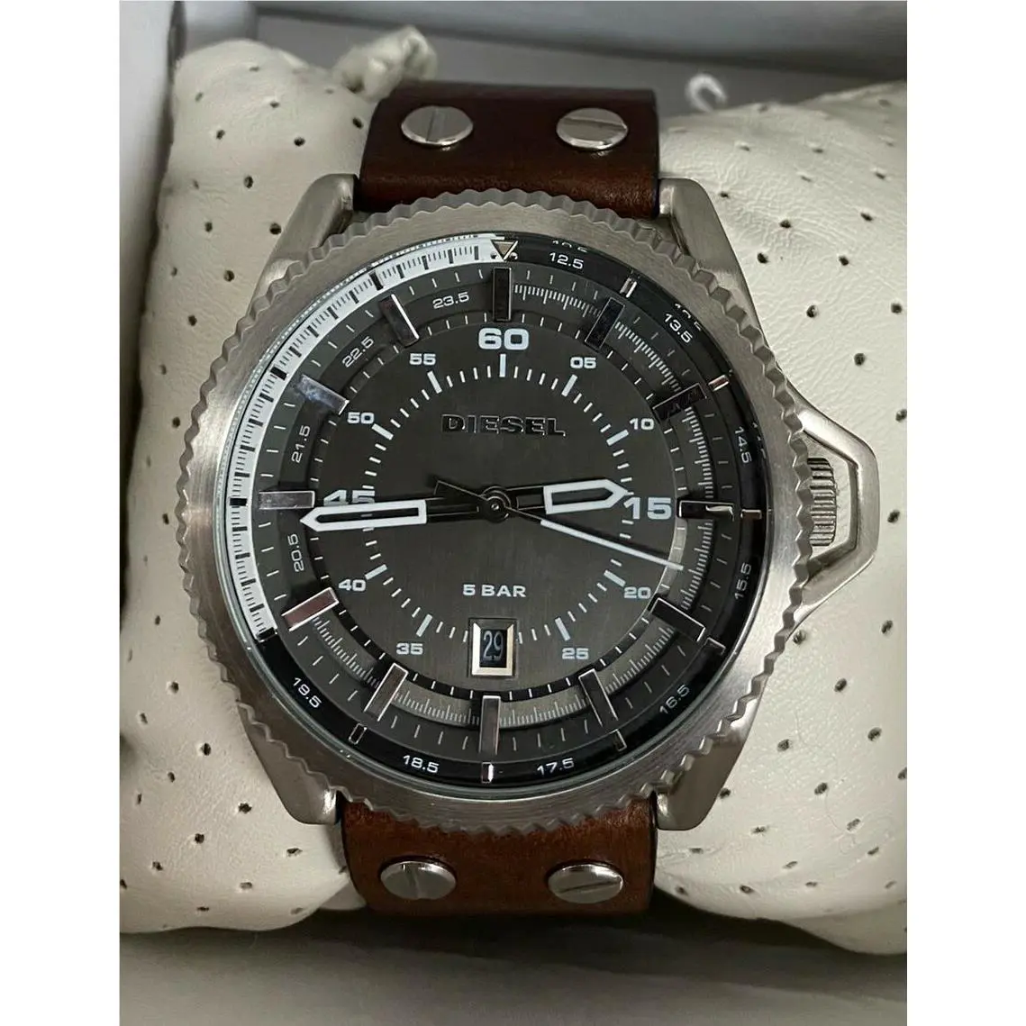 Diesel Black Dial Stainless Steel Case Brown Leather Band Watch DZ1716