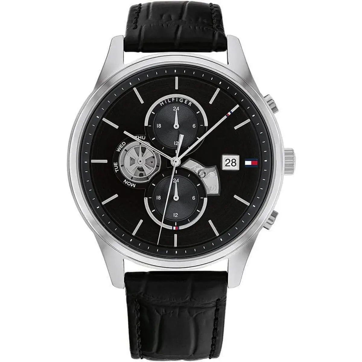 Tommy Hilfiger 1710502 Men`s Black Multifunction Analog Watch Black Leather Band