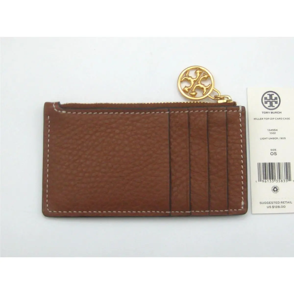 Tory Burch Miller Pebbled Leather Top Zip Card Case in Light Umber Htf