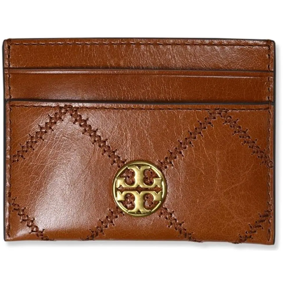 Tory Burch Women`s Willa Glazed Leather Slim Card Case Wallet Dark Whiskey