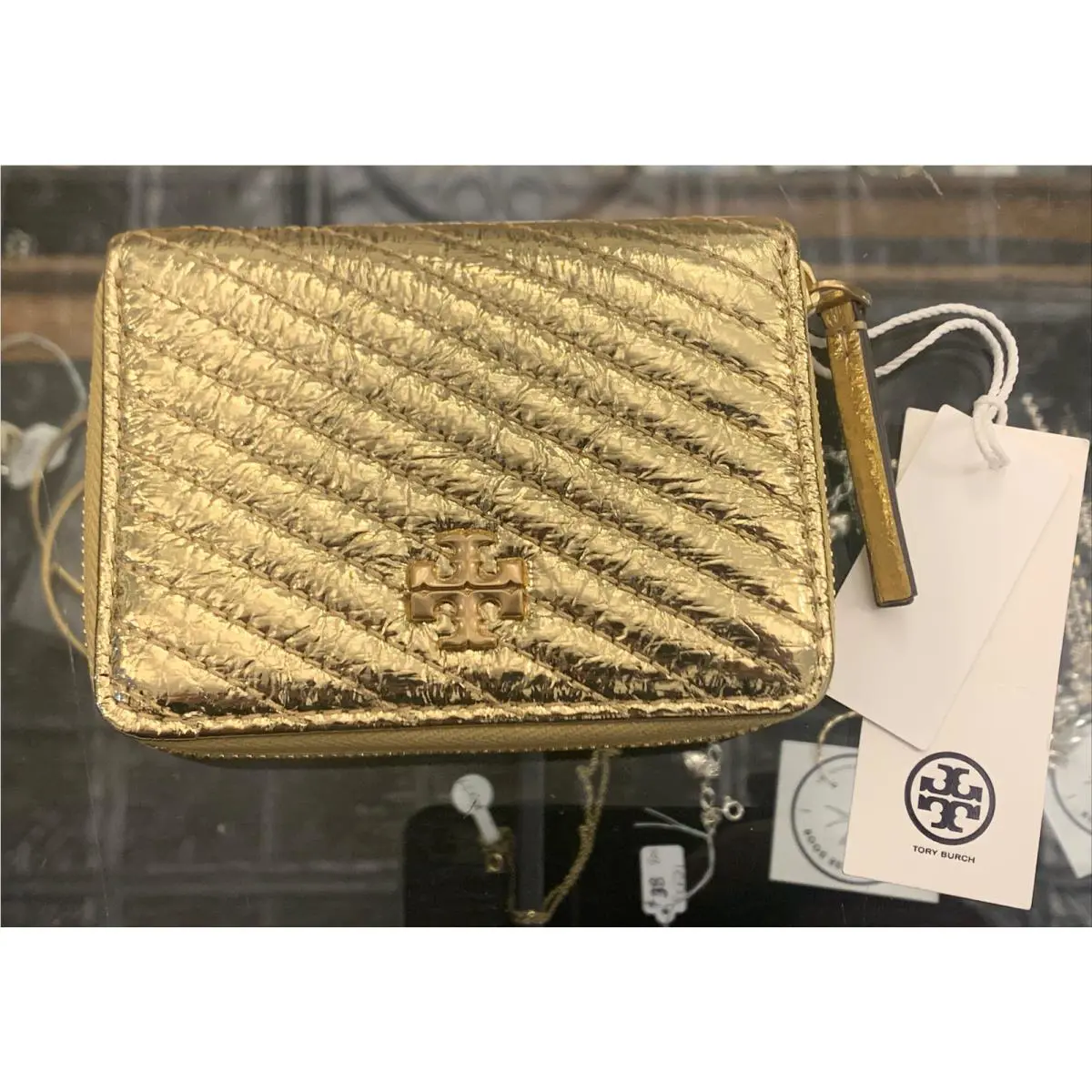 Tory Burch Small Kira Moto Quilted Gold Metallic Leather Zip Wallet