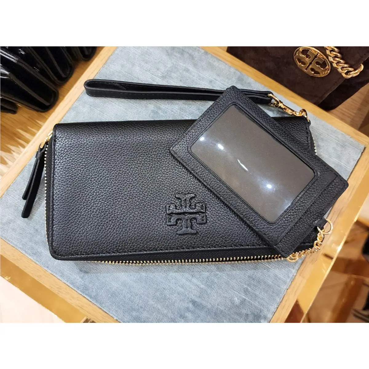 Thea Black Leather Wristlet Continental Wallet with ID Card Case by Tory Burch
