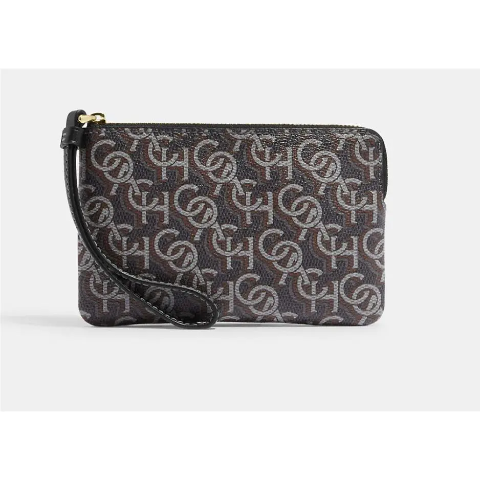Women`s Small Corner Zip Wristlet Pouch Wallet Purse Monogram Gold /Black by Coach