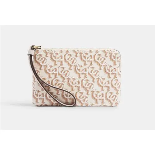 Women`s Small Corner Zip Wristlet Pouch Wallet Purse Monogram Gold Chalk by Coach