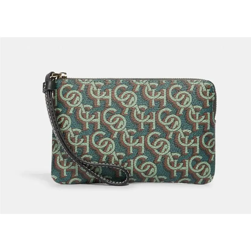 Women`s Small Corner Zip Wristlet Pouch Wallet Purse Monogram Gold/Green by Coach