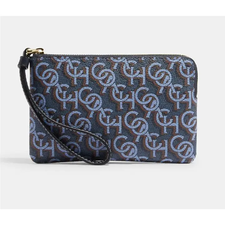 Women`s Small Corner Zip Wristlet Pouch Wallet Purse Monogram Gold/Navy by Coach