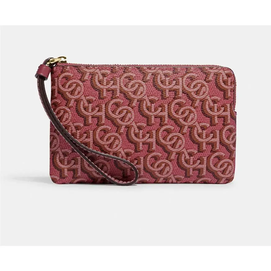 Women`s Small Corner Zip Wristlet Pouch Wallet Purse Monogram Gold/Rouge by Coach