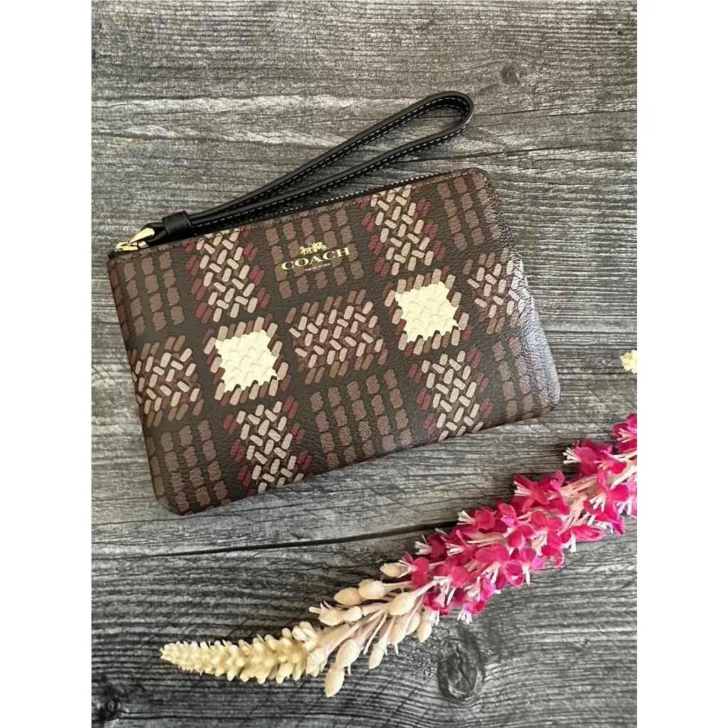 Women`s Small Corner Zip Wristlet Pouch Wallet Purse CN012 BROWN MIULTI BRUSHED PLIAD by Coach