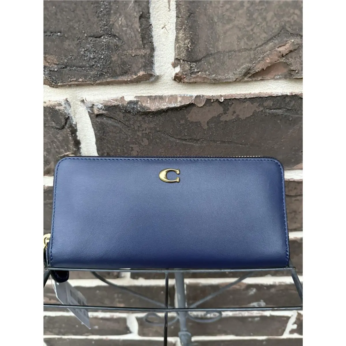 Coach Smooth Leather Slim Accordion Zip Wallet Dark Navy Brass Blue